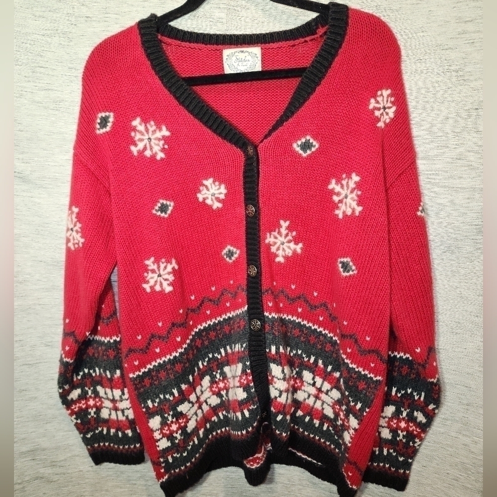Vintage Stitch in Time North Crest Christmas Button Up Knit Cardigan L/XL
